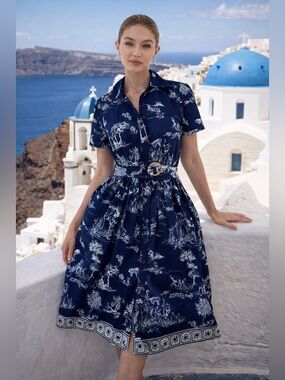 Navy Toile Print Shirt Dress Belted European Summer Style